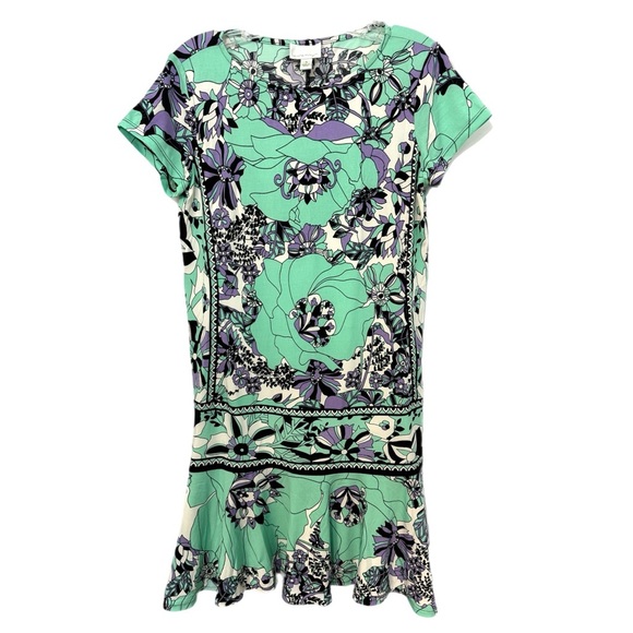 DONNA MORGAN Women’s Size 4 Floral Dress Short Sleeve Mini Ruffle Hem Green - Picture 10 of 13